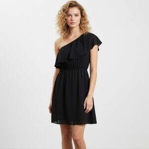 Fab'rik One Shoulder Ruffled Black Midi Cocktail Dress